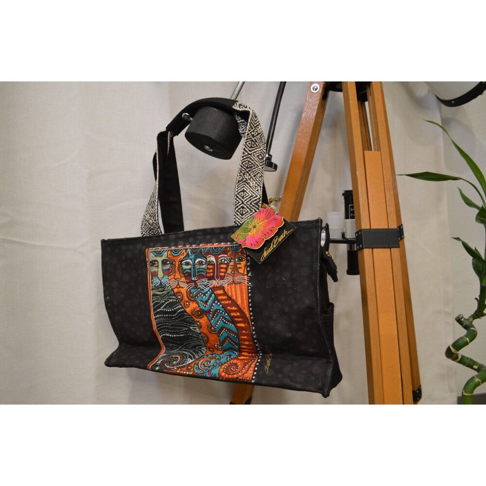 Vintage Laurel Burch Cat Tote Bag Black Canvas Colorful Cats Purse NWT